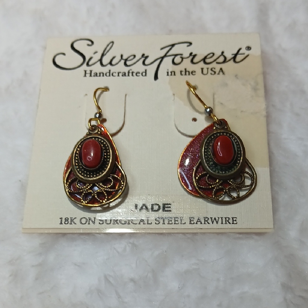 Silver Forest Red and Gold Teardrop Earrings